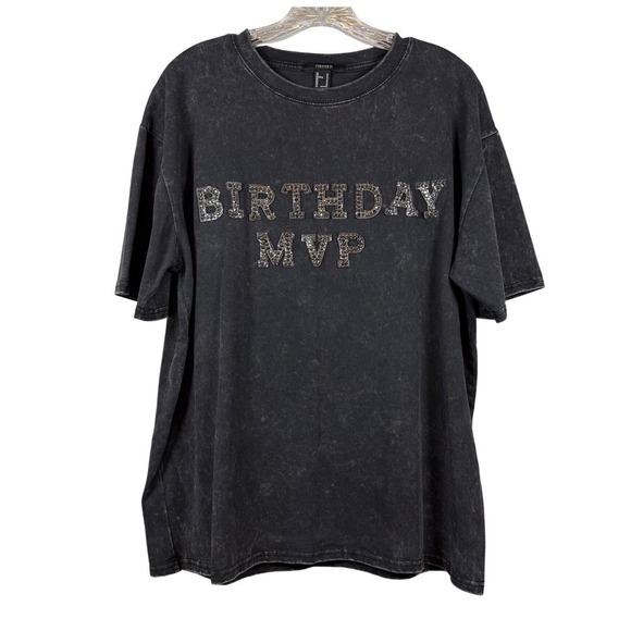 Forever 21 Tops - FOREVER 21 Black Acid Wash "Birthday MVP" Oversized T-Shirt, 100% Cotton, Size M